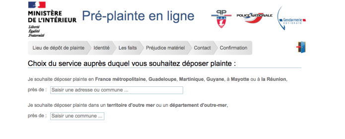 Capture d'écran d'une partie du site internet Pré-plainte en ligne.
