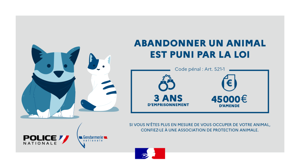 Rappel des sanctions en vigueur en cas d'abandon d'un animal.