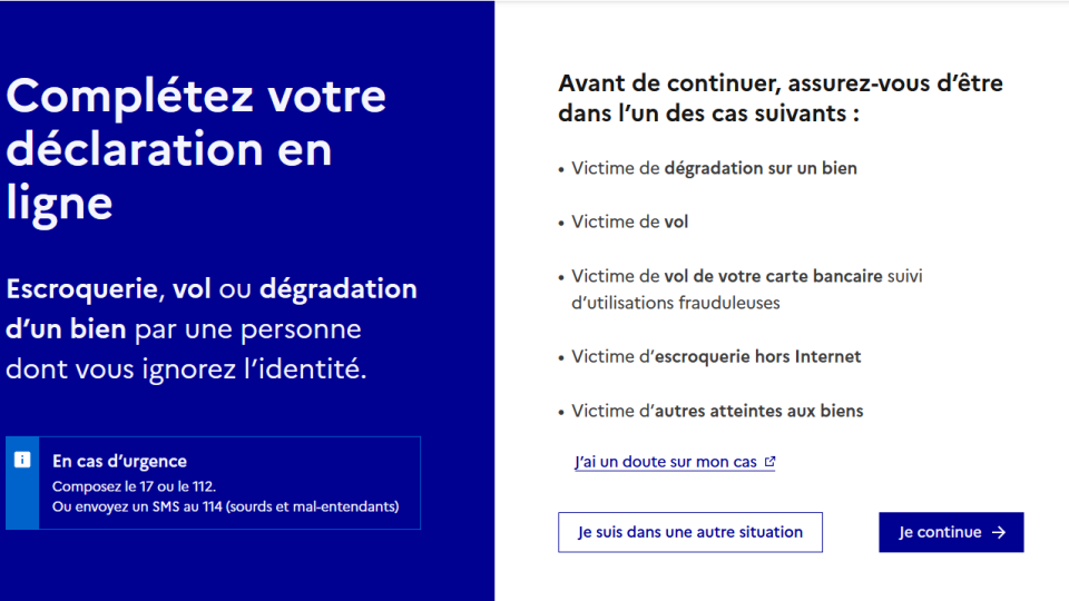 Capture d'écran de la page d'accueil de la plateforme plainte en ligne.