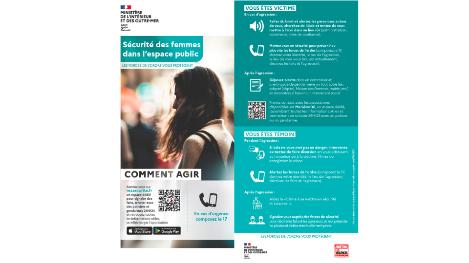 Un flyer explicatif sur les bons réflexes à adopter si une femme est victime d'une agression dans l'espace public ou si quelqu'un en est témoin.