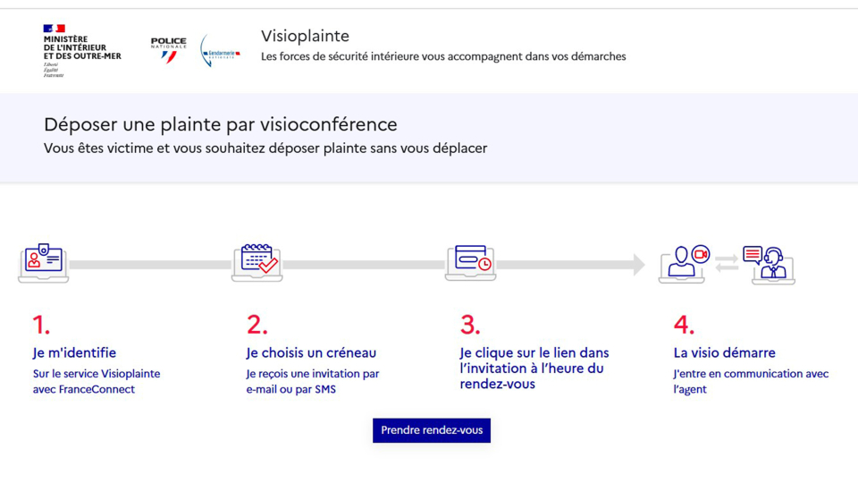 Les étapes à réaliser pour effectuer une visioplainte sur le site.