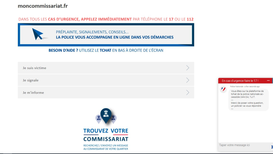 Capture d'écran du site web de Moncommissariat.fr.