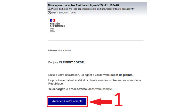 E-mail de réception du dépôt de plainte